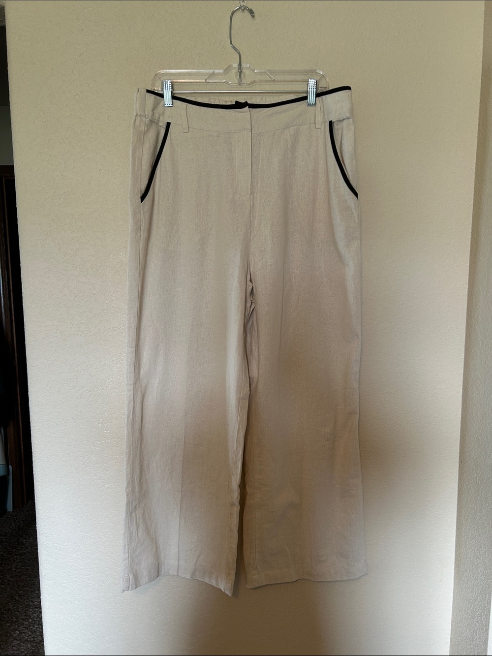Tahari Linen Blend Wide Leg Pants Cream Black Trim Size XL
